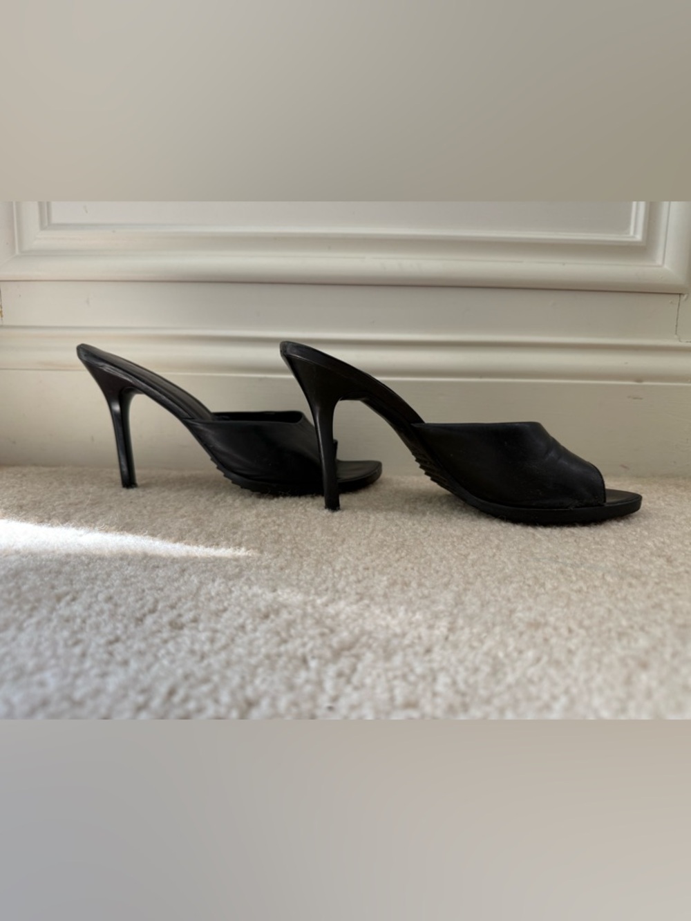 Aldo Black Leather Open-Toe Stiletto Slide Heels